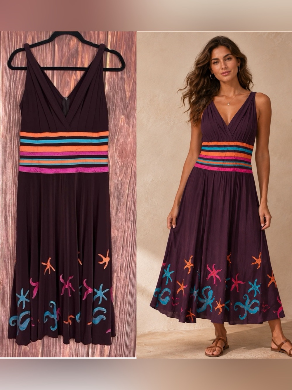 Romyda Keth Fit & Flare Dress Starfish Print Beach Vacation Maroon Artsy Medium